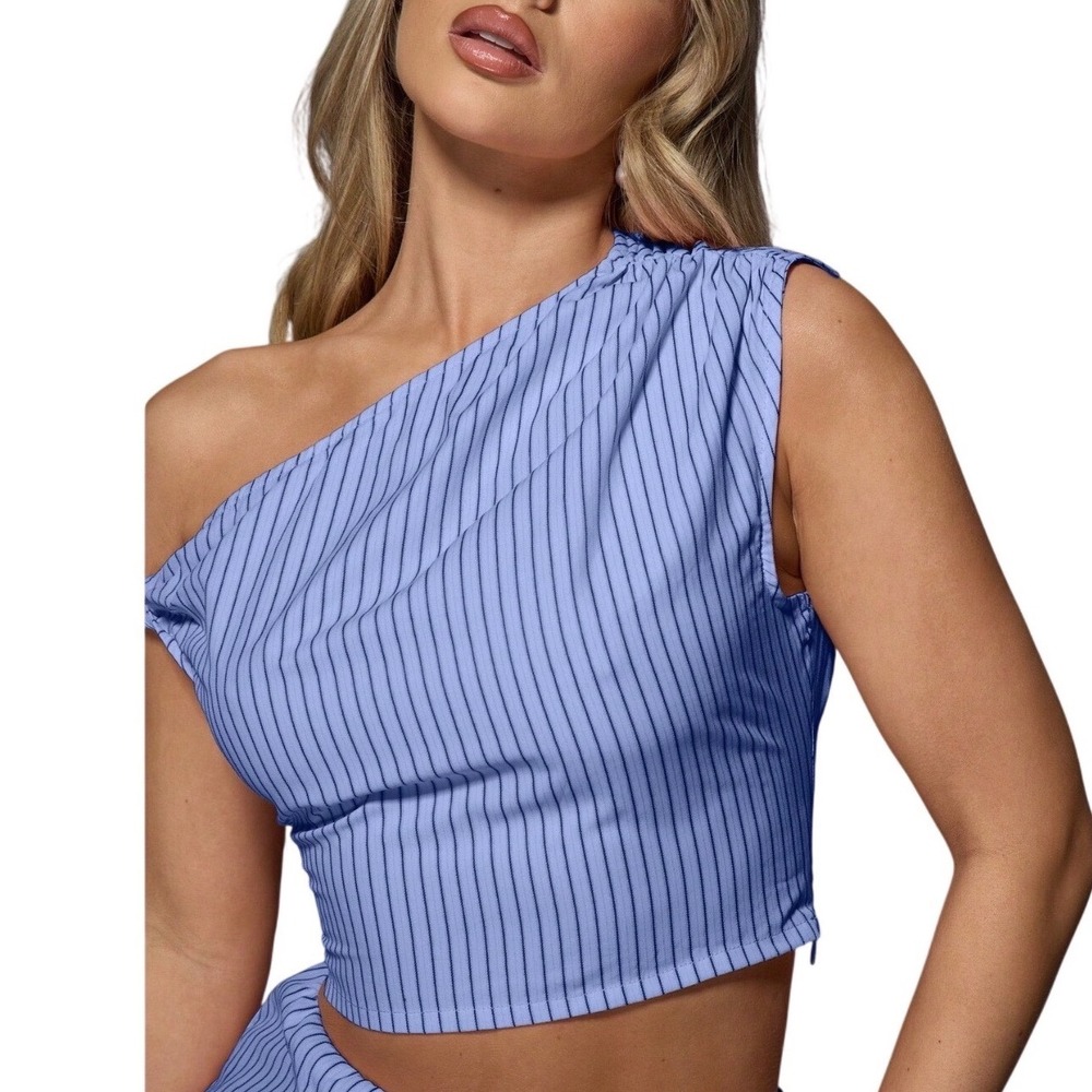 Missguided Womens One Shoulder Pinstripe Crop Top Blue Navy Sleeveless Sz‎ S NEW